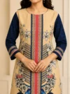 Beige & Navy Blue Floral Muslin Kurta Set - Image 2