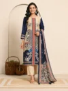 Beige & Navy Blue Floral Muslin Kurta Set