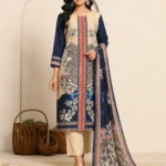 Beige & Navy Blue Floral Muslin Kurta Set