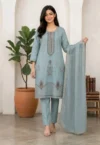 Dusty Sage Blue Embroidered Kurta Set