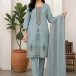 Dusty Sage Blue Embroidered Kurta Set