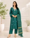 Teal Green White Thread Embroidered Suit Set