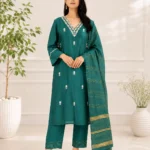 Teal Green White Thread Embroidered Suit Set