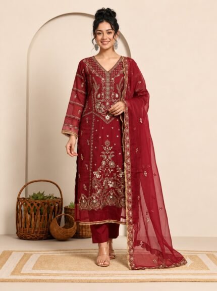 Maroon Embroidered Kurta Set