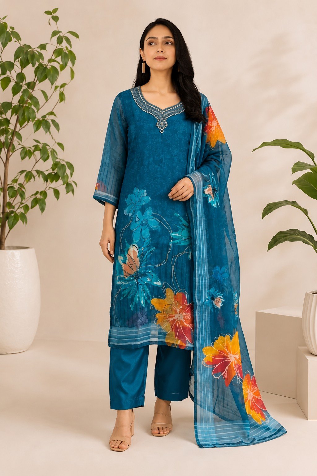 Royal Blue Floral Kurta Set Front Royal Blue Floral Kurta Set - Image 1