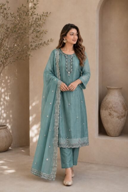 Teal Embroidered Kurta Set